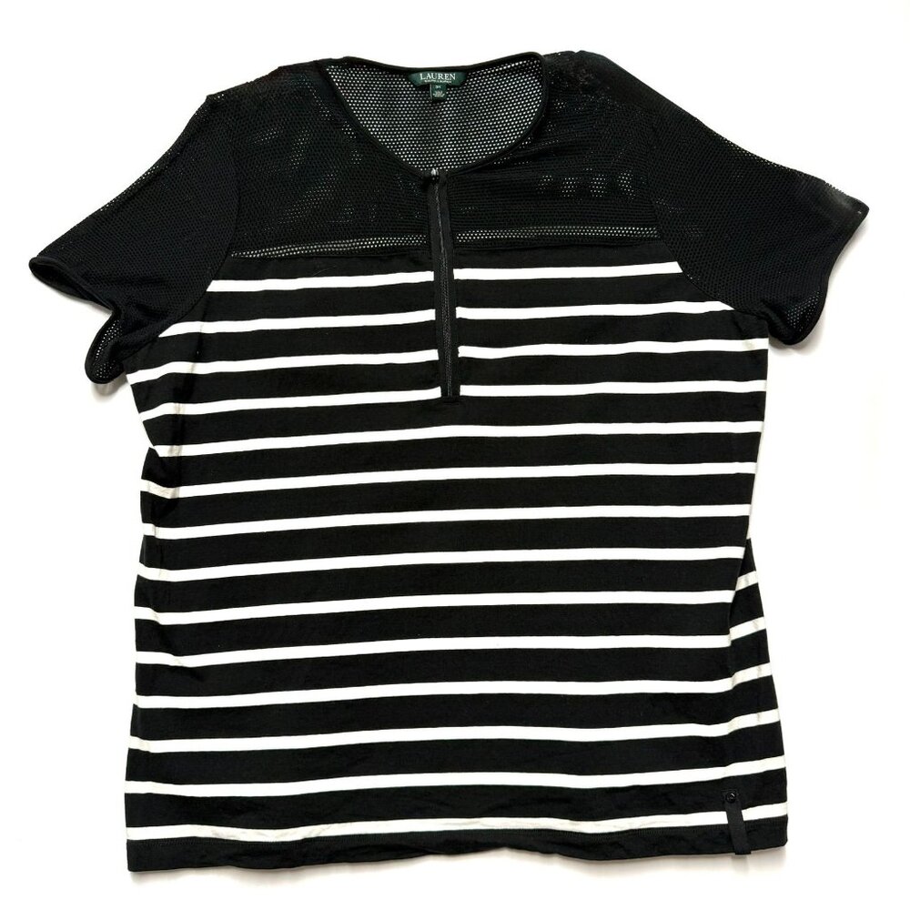 Lauren Ralph Lauren Womens 3X Black‎ & White Striped Mesh Shirt Top Excellent